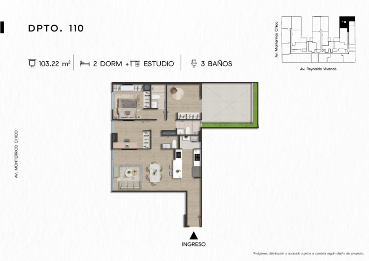Plano del modelo DPTO. 110 del proyecto TEN Apartments en Santiago De Surco
