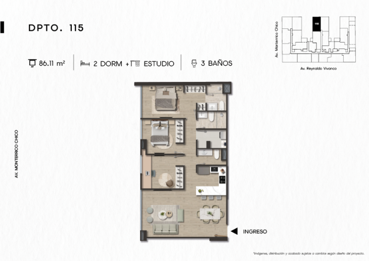 Plano del modelo DPTO. 115 del proyecto TEN Apartments en Santiago De Surco