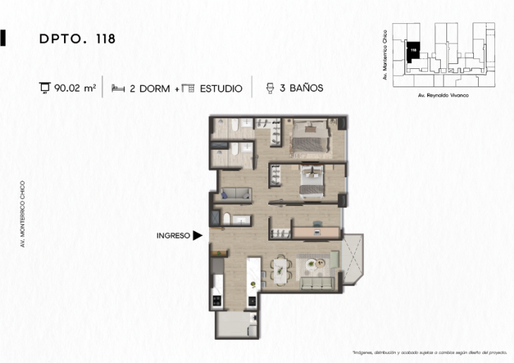 Plano del modelo DPTO. 118 del proyecto TEN Apartments en Santiago De Surco