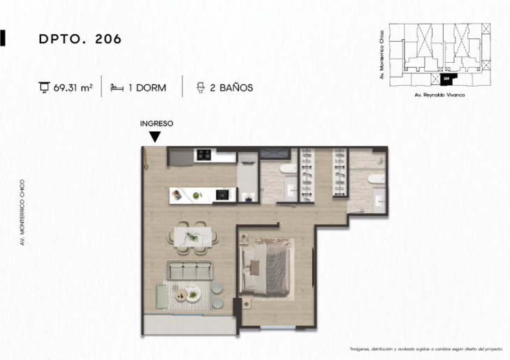 Plano del modelo DPTO. 206 del proyecto TEN Apartments en Santiago De Surco