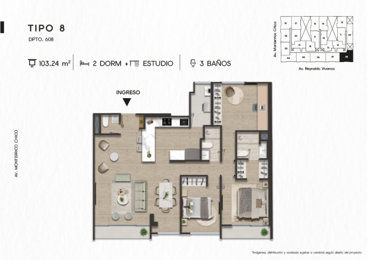 Plano del modelo DPTO. 608 del proyecto TEN Apartments en Santiago De Surco