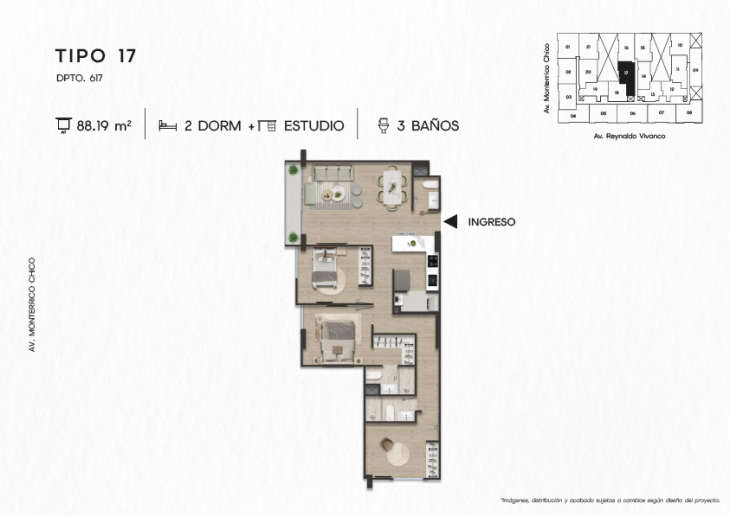 Plano del modelo DPTO. 617 del proyecto TEN Apartments en Santiago De Surco