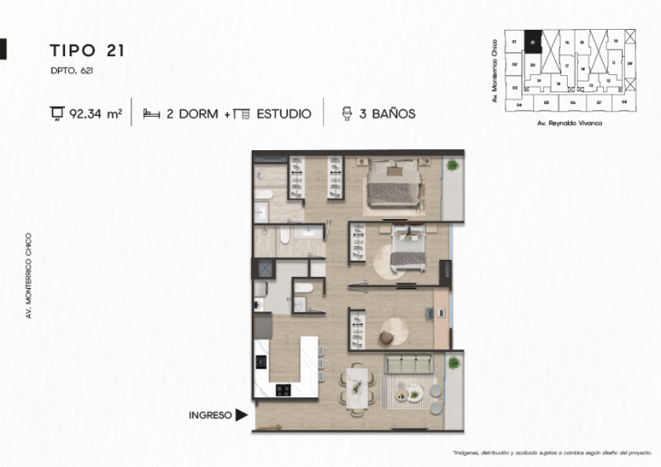 Plano del modelo DPTO. 621 del proyecto TEN Apartments en Santiago De Surco
