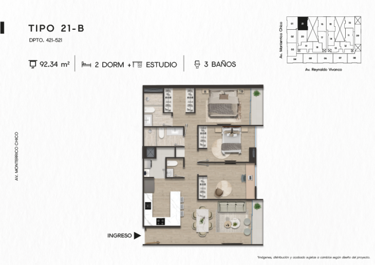 Plano del modelo TIPICO 21-B del proyecto TEN Apartments en Santiago De Surco
