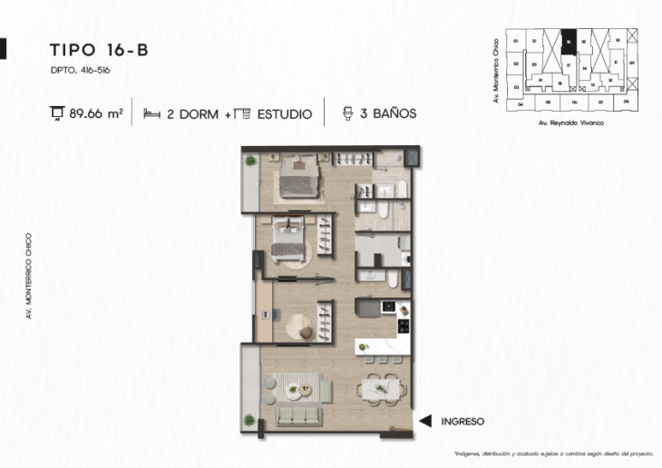 Plano del modelo TIPO 16-B del proyecto TEN Apartments en Santiago De Surco