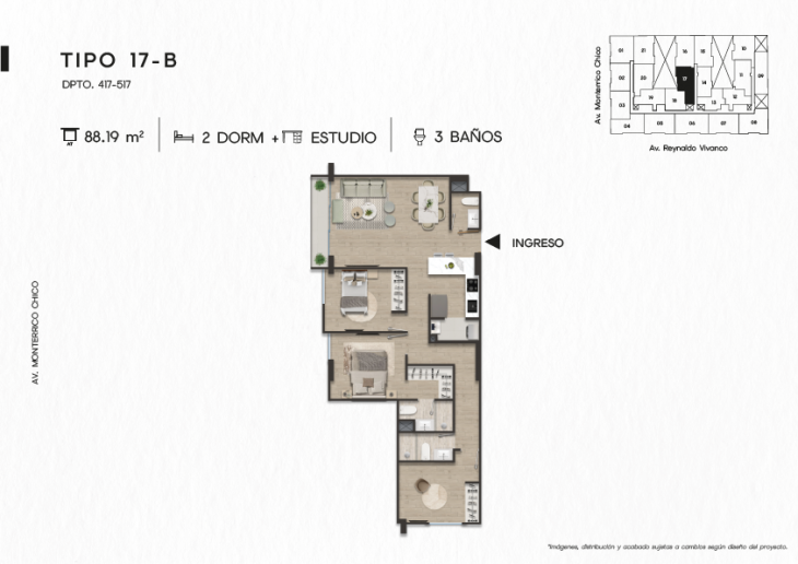 Plano del modelo TIPO 17-B del proyecto TEN Apartments en Santiago De Surco