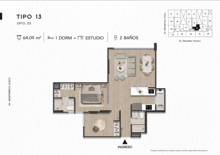 Plano del modelo DPTO. 213 del proyecto TEN Apartments en Santiago De Surco