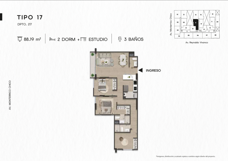 Plano del modelo DPTO. 217 del proyecto TEN Apartments en Santiago De Surco