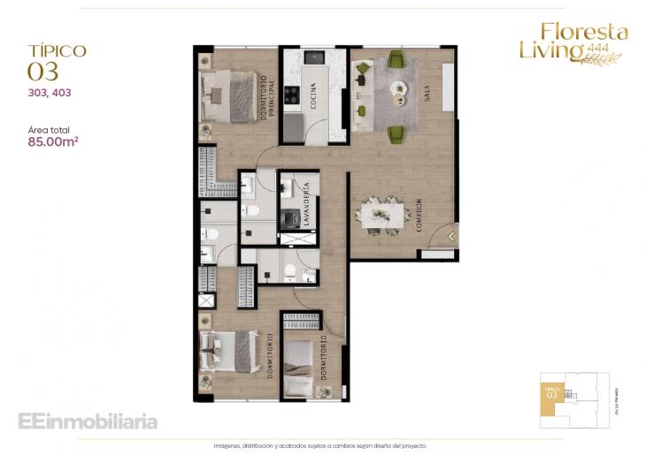Plano del modelo Tipo 03 del proyecto Floresta Living 444 en Santiago De Surco