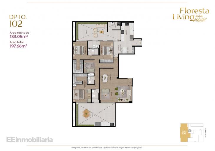 Plano del modelo Dpto. 102 del proyecto Floresta Living 444 en Santiago De Surco