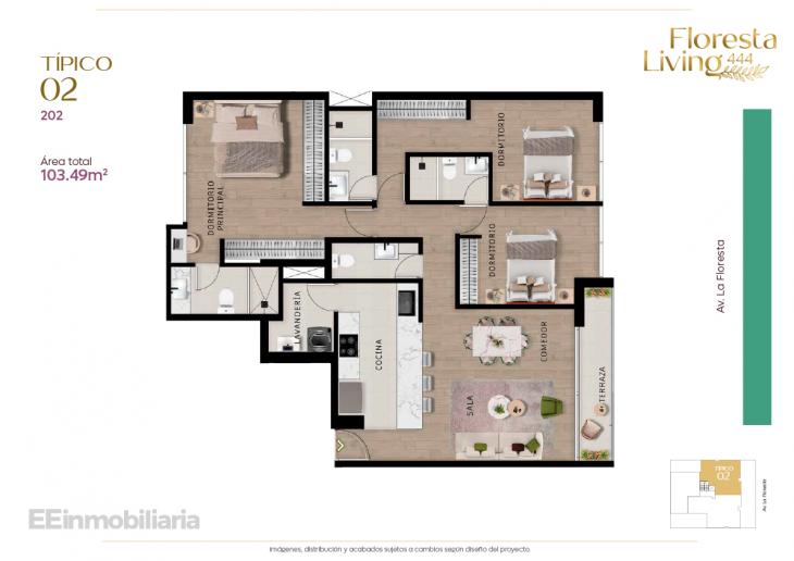Plano del modelo Tipo 02 del proyecto Floresta Living 444 en Santiago De Surco