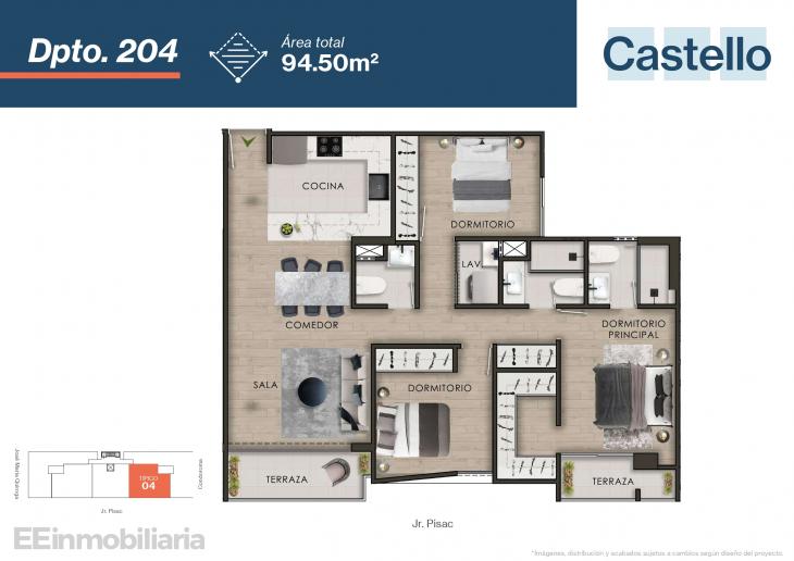 Plano del modelo Típico 4-A del proyecto Castello en Santiago De Surco
