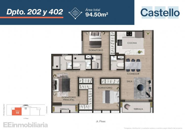 Plano del modelo Típico 2-A del proyecto Castello en Santiago De Surco