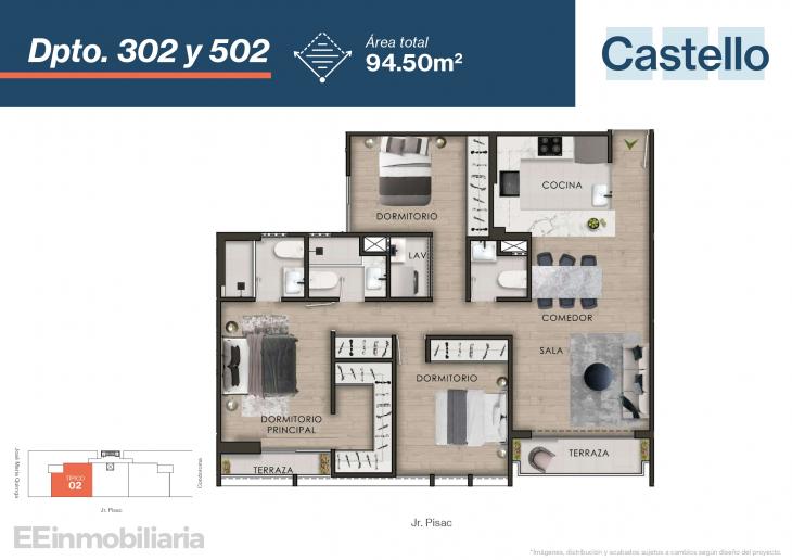 Plano del modelo Típico 2-B del proyecto Castello en Santiago De Surco