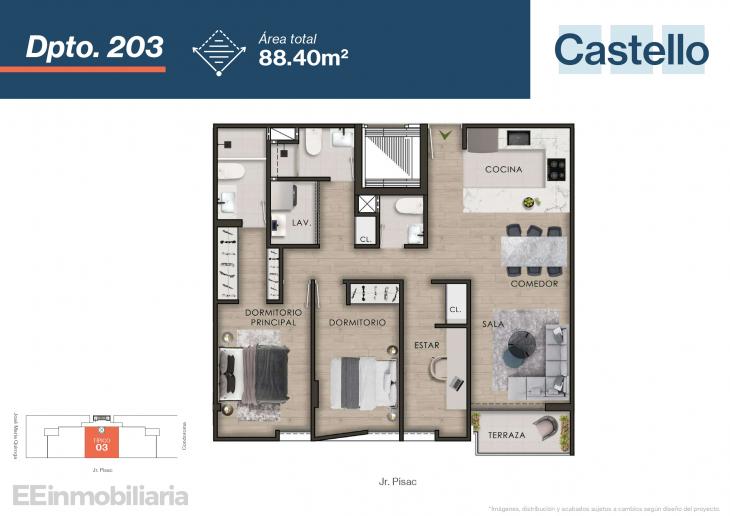 Plano del modelo Típico 3-A del proyecto Castello en Santiago De Surco