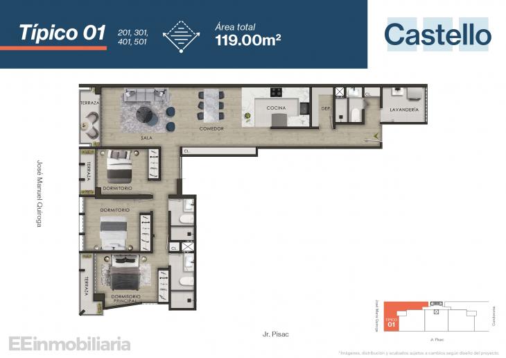 Plano del modelo Típico 1 del proyecto Castello en Santiago De Surco