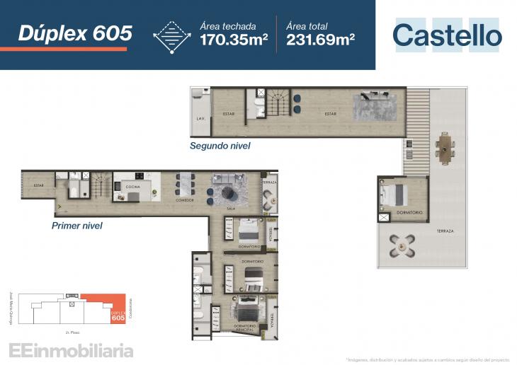 Plano del modelo Dúplex 605 del proyecto Castello en Santiago De Surco