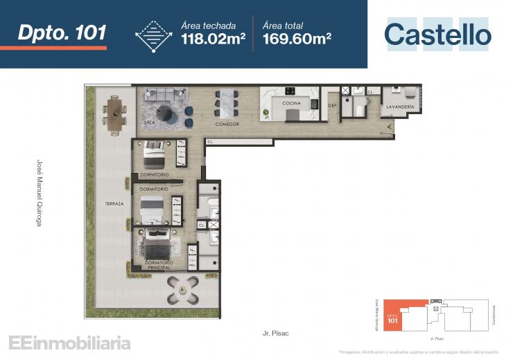 Plano del modelo Dpto 101 del proyecto Castello en Santiago De Surco