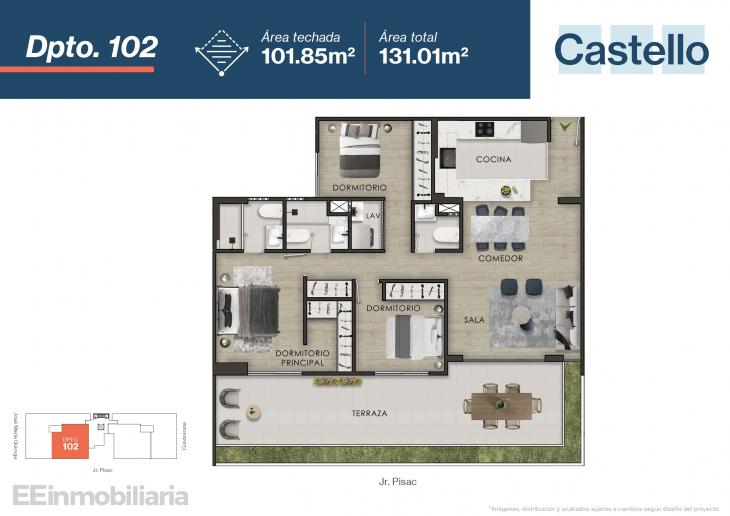 Plano del modelo Dpto 102 del proyecto Castello en Santiago De Surco