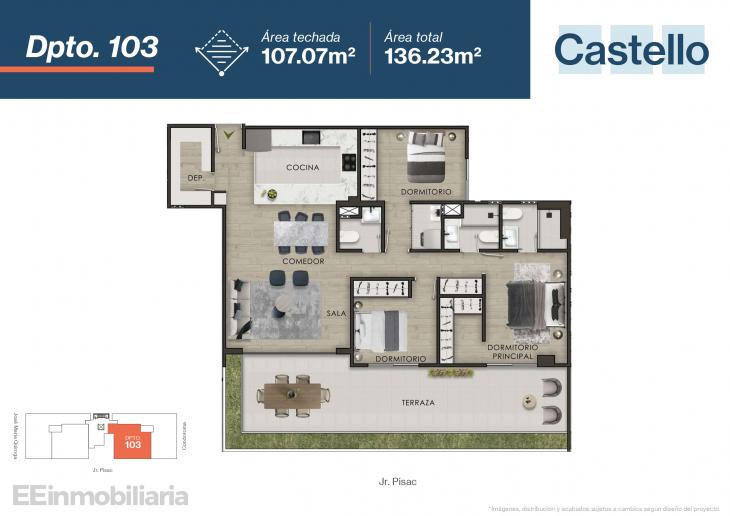 Plano del modelo Dpto 103 del proyecto Castello en Santiago De Surco