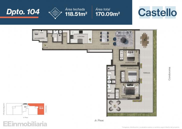 Plano del modelo Dpto 104 del proyecto Castello en Santiago De Surco