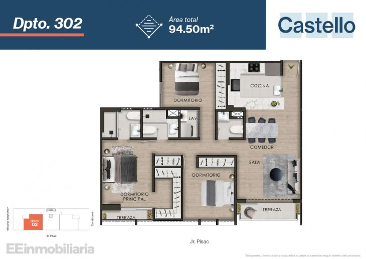 Plano del modelo Típico 2-B del proyecto Castello en Santiago De Surco