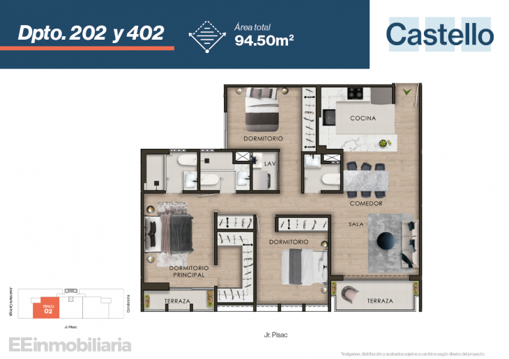 Plano del modelo Típico 2-A del proyecto Castello en Santiago De Surco