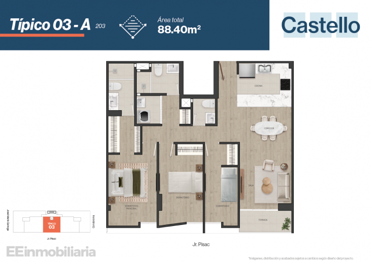 Plano del modelo Típico 3-A del proyecto Castello en Santiago De Surco