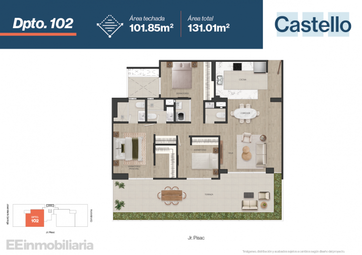 Plano del modelo Dpto 102 del proyecto Castello en Santiago De Surco