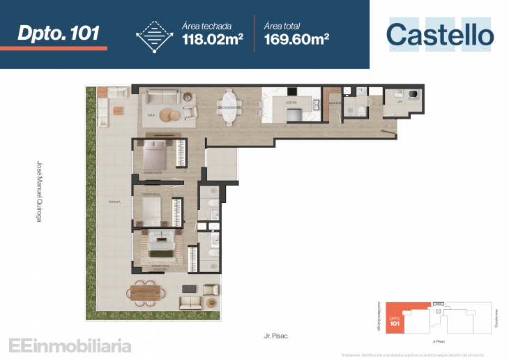 Plano del modelo Dpto 101 del proyecto Castello en Santiago De Surco