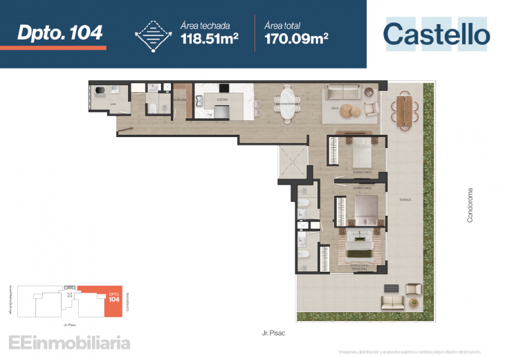 Plano del modelo Dpto 104 del proyecto Castello en Santiago De Surco