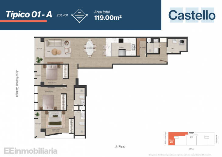 Plano del modelo Típico 1 del proyecto Castello en Santiago De Surco