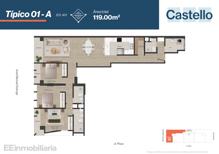 Plano del modelo Típico 1 del proyecto Castello en Santiago De Surco