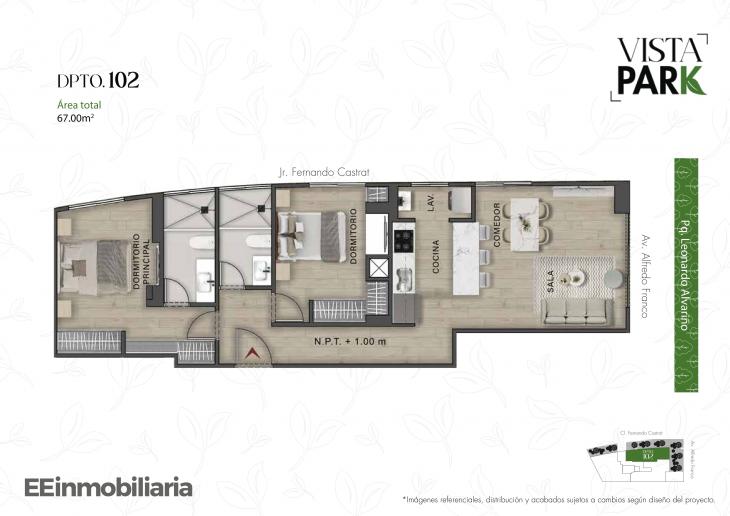 Plano del modelo Dpto. 102 del proyecto Vista Park en Santiago De Surco