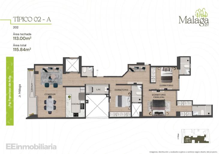 Plano del modelo Típico 02 - A del proyecto Málaga 257 en Santiago De Surco