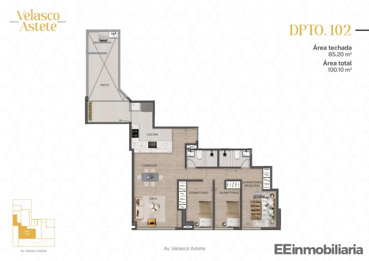 Plano del modelo DPTO. 102 del proyecto Velasco Astete en Santiago De Surco