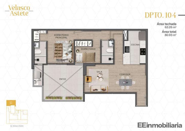 Plano del modelo DPTO. 104 del proyecto Velasco Astete en Santiago De Surco
