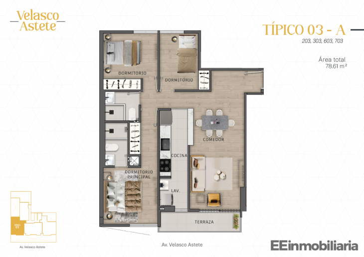 Plano del modelo TIPO 03-A del proyecto Velasco Astete en Santiago De Surco