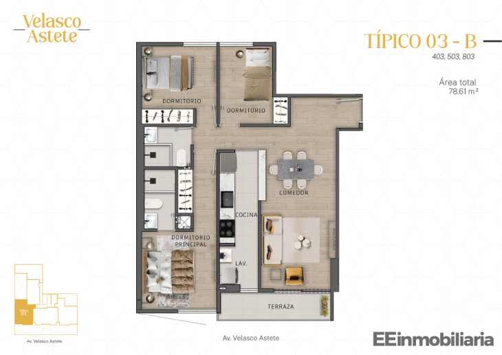Plano del modelo TIPO 03-B del proyecto Velasco Astete en Santiago De Surco