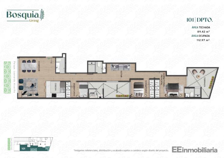 Plano del modelo Dpto. 101 del proyecto Bosquia Living en Santiago De Surco