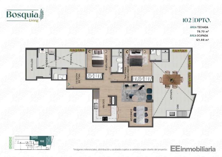 Plano del modelo Dpto. 102 del proyecto Bosquia Living en Santiago De Surco