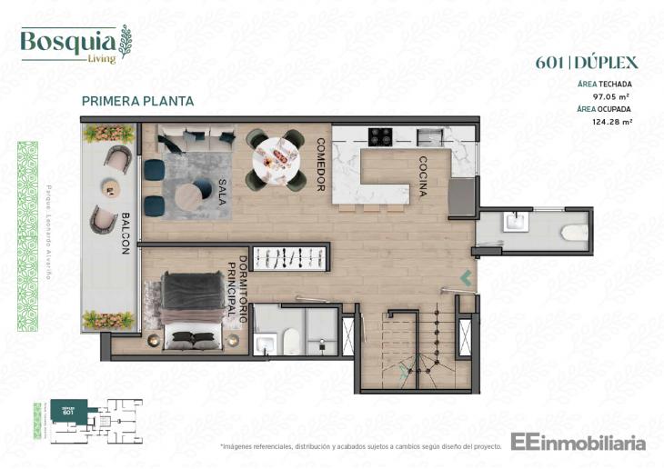 Plano del modelo DUPLEX 601 del proyecto Bosquia Living en Santiago De Surco