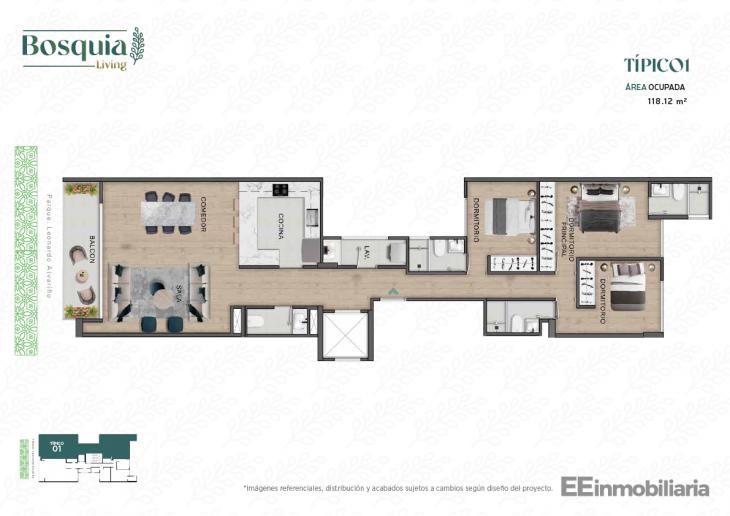Plano del modelo Tipo 01 del proyecto Bosquia Living en Santiago De Surco