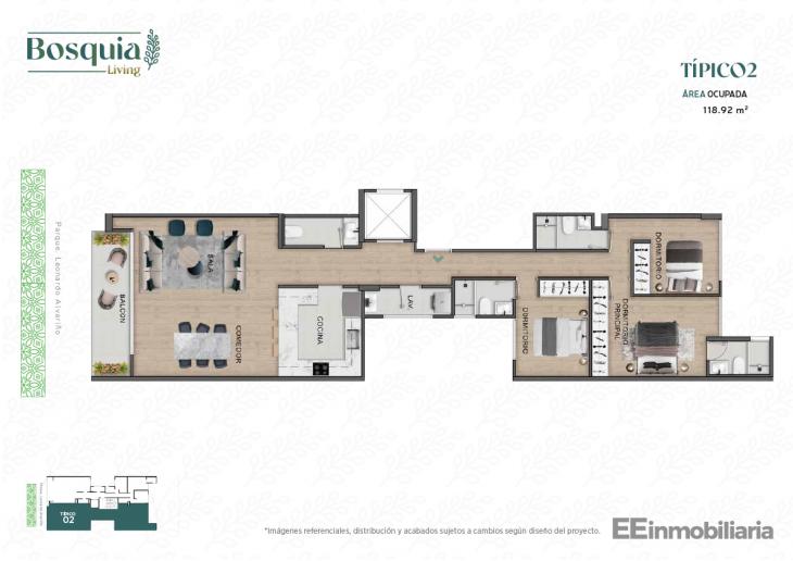 Plano del modelo Tipo 02 del proyecto Bosquia Living en Santiago De Surco