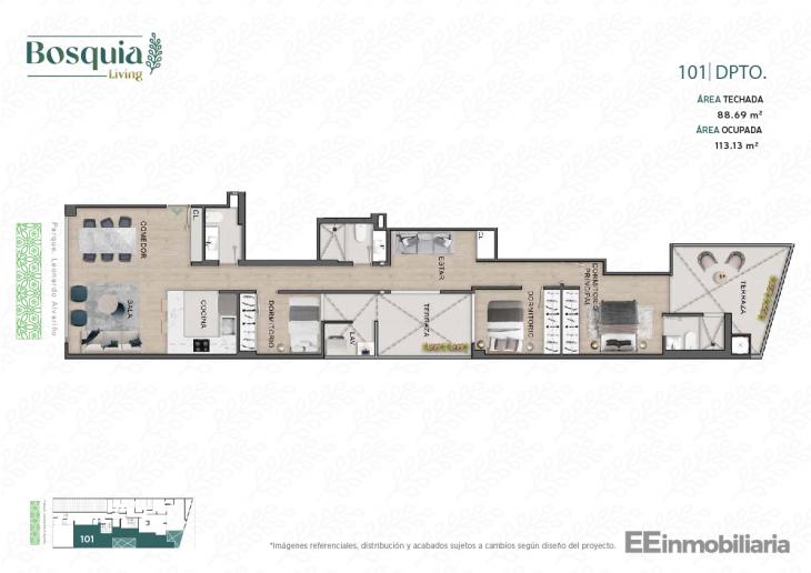 Plano del modelo Dpto. 101 del proyecto Bosquia Living en Santiago De Surco