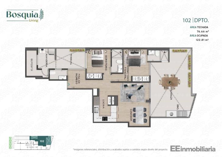 Plano del modelo Dpto. 102 del proyecto Bosquia Living en Santiago De Surco