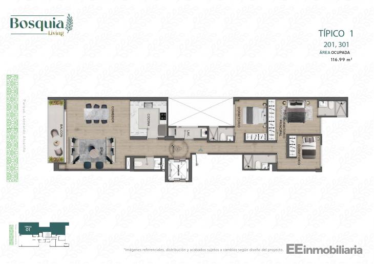 Plano del modelo Tipo 01-A del proyecto Bosquia Living en Santiago De Surco