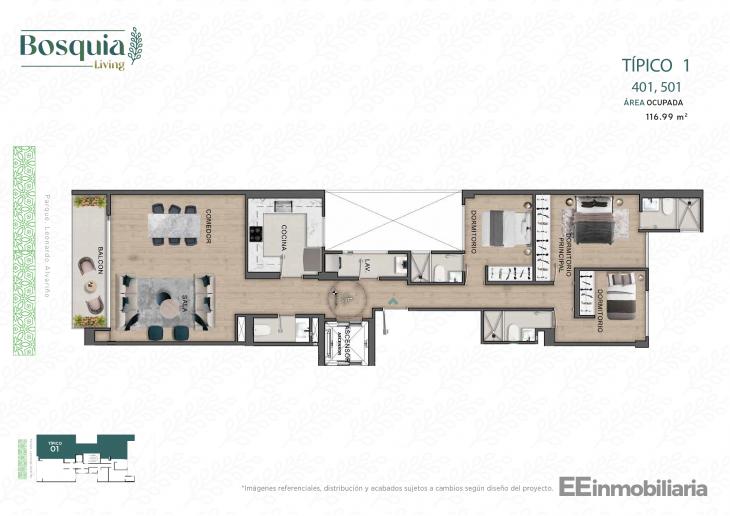 Plano del modelo Tipo 01-B del proyecto Bosquia Living en Santiago De Surco