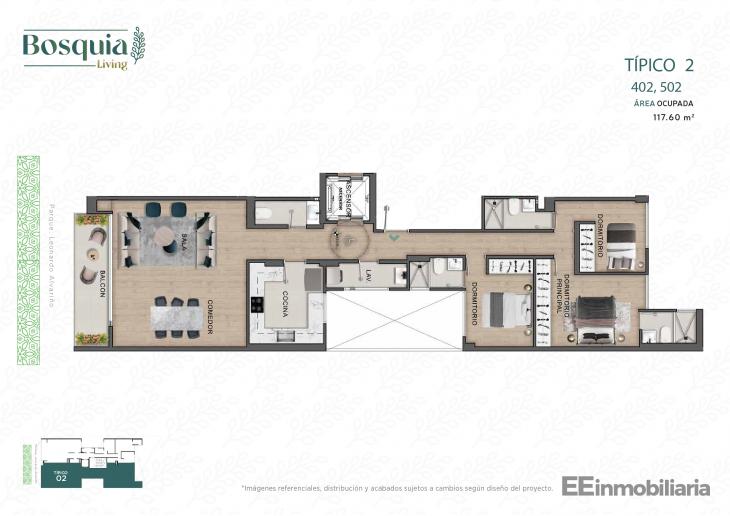 Plano del modelo Tipo 02-B del proyecto Bosquia Living en Santiago De Surco