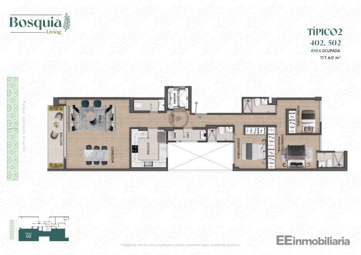 Plano del modelo Tipo 02-B del proyecto Bosquia Living en Santiago De Surco